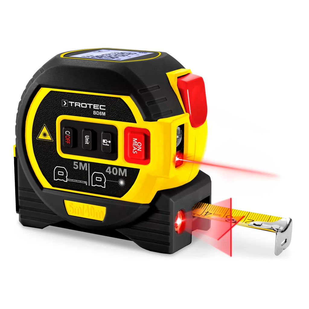 BD8M — LASER DISTANCE 3-in-1 MEASURING DEVICE: RETRACTABLE TAPE MEASURE (5m), DISTANCE LASER (40m), CROSS LINE LASER (10m)