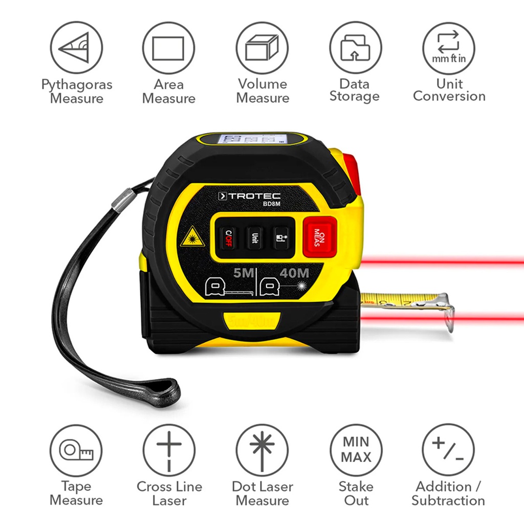 BD8M — LASER DISTANCE 3-in-1 MEASURING DEVICE: RETRACTABLE TAPE MEASURE (5m), DISTANCE LASER (40m), CROSS LINE LASER (10m)