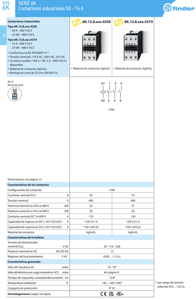 6K1381104324 — Contactor Industrial 110V AC 3NA 24 A Finder 6K1381104324