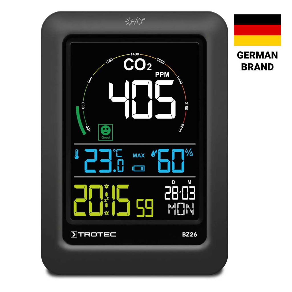 BZ26 — CO2 AIR QUALITY MONITOR RANGE 400 to 5000 ppm | TEMPERATURE 14.18 to 140°F | HUMIDITY 20 to 95%