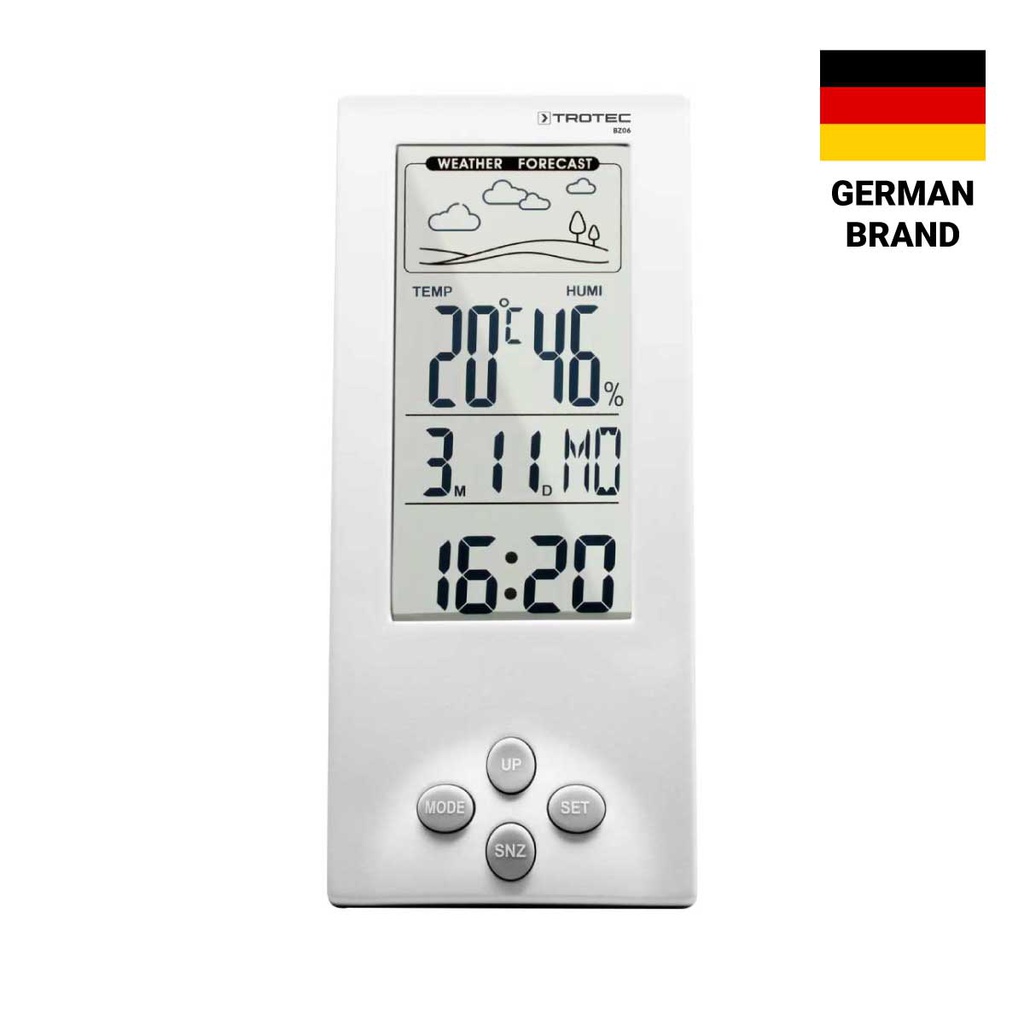 BZ06 — DESIGNER WEATHER STATION 4-in1 INDOOR CLIMATE VALUES, WEATHER FORECAST, TIME AND DATE WITH ADDITIONAL ALARM |14 - 122 °F | TRANSPARENT DISPLAY